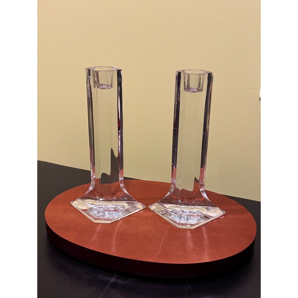 Vintage Heavy Crystal Candlestick Holders Set of 2 Hexagonal Taper Pillars 9"
